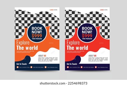 Travel flyer template design with agency logo, icon and abstract background for travelling business marketing. Summer beach holiday vector flyer.Traveling flyer template.