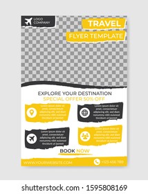 Travel flyer template design with photo. Vector illustration.