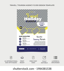 travel flyer template design for travel and tourism industry, blue gradient with yellow color, five image can use in this template, travel agency flyer template, tourism industry flyer design, minimal