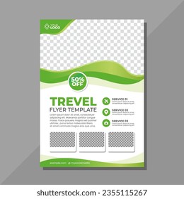 Travel flyer template with green wave
