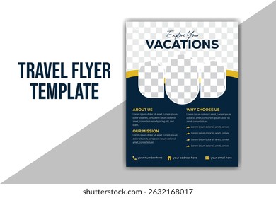 Modelo de folheto de viagem layout, Design de panfleto de negócios, Projeto de brochura, Design de cartaz de viagem.