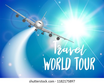 Travel flyer wuth realisitc plane and designed text. Badge. advertising design template
