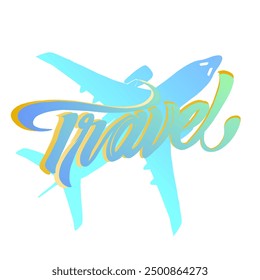 travel font and airplane icon with blue and golden yellow gradient color, no background