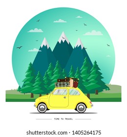 Travel to the forest by car. Road trip. Time to travel, tourism, summer holiday. Different types of journey. Flat design vector illustration