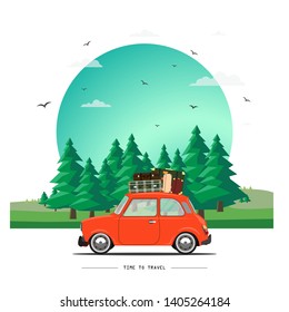 Travel to the forest by car. Road trip. Time to travel, tourism, summer holiday. Different types of journey. Flat design vector illustration