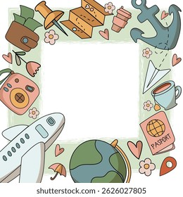 Travel frame with hand-drawn vacation elements. Cute cartoon vector border for tourism, adventure, and holiday designs. Perfect for print and web use.