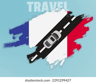 Travel to France by car, going holiday idea, vacation and travel banner concept, car on the road with France flag, international car travel, automobile going on a way, top view