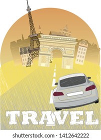 Travel to France by car .Welcome to Paris.Banner,sign,advertising poster. Sights Of Paris.Vector image.