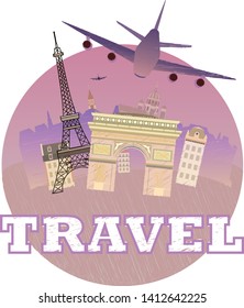 Travel to France by plane .Welcome to Paris.Banner,sign,advertising poster. Sights Of Paris.Vector image.