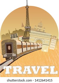 Travel to France by train. Welcome to Paris. Banner,sign,advertising poster. Sights Of Paris.Vector image.