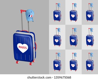 Travel to France cities with French cap and wheeled bags. All the objects are in different layers and the text types do not need any font. 
