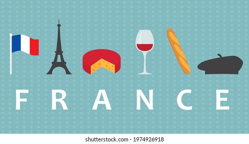 travel to France concept, flag, Eiffel tower, cheese, wine, baguette and beret - vector illustration