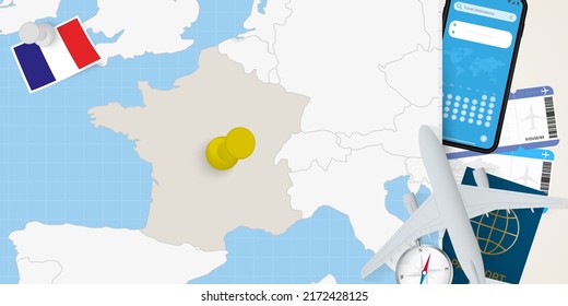 Travel to France concept, map with pin on map of France. Vacation preparation map, flag, passport and tickets. Vector illustration in flat design.