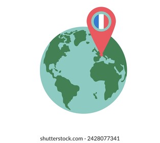 Travel France concept. Planet Earth map and location mark with flag isolated on white background. Tourism to Paris element. Trip to Europe weekend vacation. Vector flat illustration.