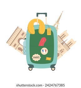 Travel France concept. Tourism to Paris elements isolated on white background. Suitcase and landmarks of country. Trip to Europe weekend vacation. Vector flat illustration.