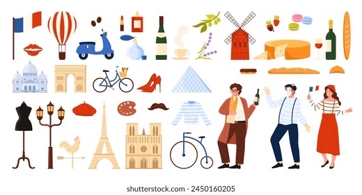 Viaje a Francia, Elementos culturales, comida y símbolos franceses. Bicicleta y globo lindos, francés y mimo, Lugares famosos de la ciudad de París para el recorrido romántico y Ilustración vectorial de dibujos animados turístico