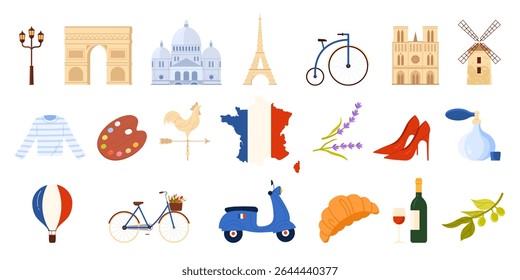 Travel to France, culture and food, fashion elements and architecture landmarks set. French flag and map, Arc de Triomphe and windmill, perfume and red shoes, chicken vane cartoon vector illustration