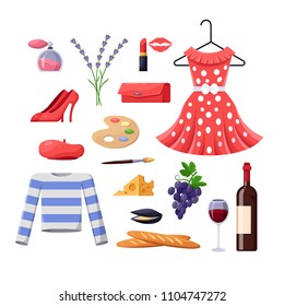 Travel to France design elements. Paris fashion and food illustration. Vector cartoon isolated icons set.