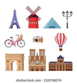 Travel to France design elements. Paris tourist landmarks illustration. Vector cartoon isolated icons set. 