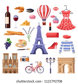 Travel to France design elements. Paris tourist landmarks, fashion and food illustration. Vector cartoon isolated icons set.