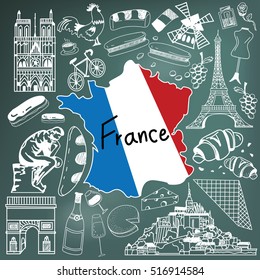 Travel to France doodle drawing icon. Doodle with culture, costume, landmark and cuisine of France tourism concept in blackboard background, create by vector  
