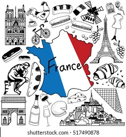 Travel to France doodle drawing icon. Doodle with culture, costume, landmark and cuisine of France tourism concept in isolated background, create by vector  
