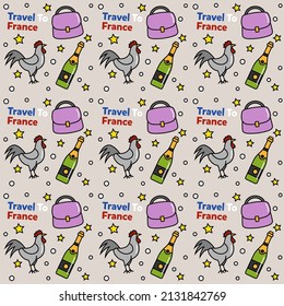 Travel to France doodle seamless pattern vector design. Wine, Rooster, Cheese are identic icons with France