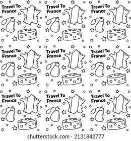 Travel to France doodle seamless pattern vector design. Wine, Rooster, Cheese are identic icons with France