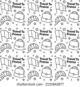Travel to France doodle seamless pattern vector design. Wine, Rooster, Cheese are identic icons with France