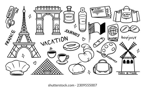 Travel to France doodle set icons vector. Simple hand drawing sketch buildings and national objects.