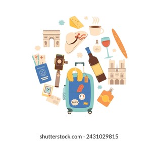 Travel France elements circle composition. Tourism to Paris elements in round shape isolated on white background. Trip to Europe country. Holiday weekend vacation collection. Vector flat illustration.