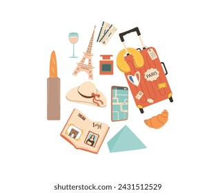 Travel France elements circle composition. Tourism to Paris items in round shape isolated on white background. Suitcase, ticket diary wine and symbols of country. Vector flat illustration.