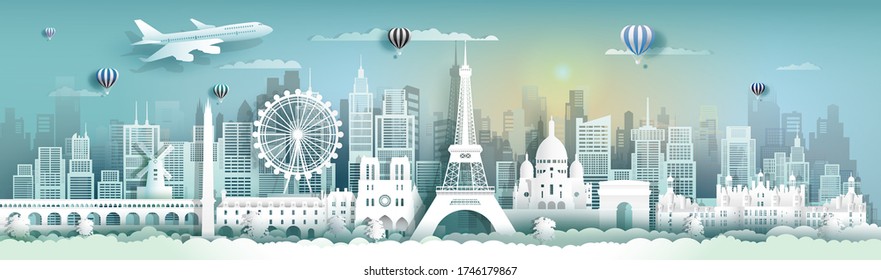 Travel to France famous landmarks of the world with cityscape background,Tourism panorama view to beauty culture, Vector illustration for presentation, Paper cut style for travel poster and postcard.