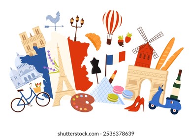 Travel to France, French culture elements and famous food, architecture in infographic collage. Notre Dame de Paris and Louvre Pyramid, Eiffel Tower and bicycle, croissant cartoon vector illustration