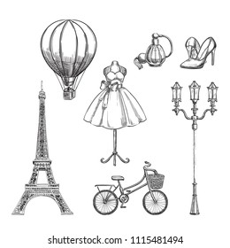 Travel to France hand drawn isolated design elements. Paris sketch vector illustration.