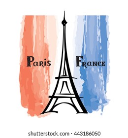 Travel France label Paris famous building Eiffel tower French flag with Paris landmark Grunge painted France flag with handwritten typing background