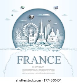 Travel France monument with ancient and city modern building in circle background. Business tour for poster and postcard.Travel landmarks of europe ancient architecture cityscape. Vector illustration