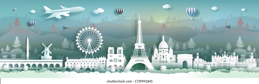 Travel to france panorama view famous landmarks of the world with landscape background,Touring to beauty culture, Vector illustration for presentation, Paper cut style for travel poster and postcard.