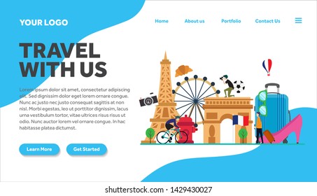 travel to france paris creative illustration landing page template vector graphics ,travel to paris france flat style illustration vector,landing page template, for website template