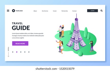 Travel to France and Paris vector 3d isometric illustration. Tourists take pictures near the Eiffel tower. Web landing page, banner or poster design. Tourism website or trip application concept.