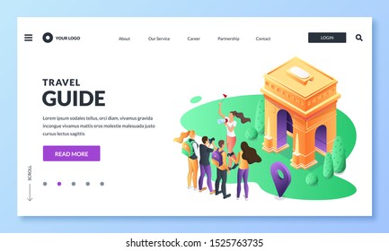 Travel to France and Paris vector 3d isometric illustration. Guide and group of tourists near triumphal arch. Web landing page, banner or poster design. Tourism website or trip application concept