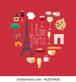 Travel to France, Paris vector icons set in  heart shape. French, Parisian landmarks, Eiffel tower, arch Triumph, architecture buildings, dress, croissant, baguette. I love Paris quotation