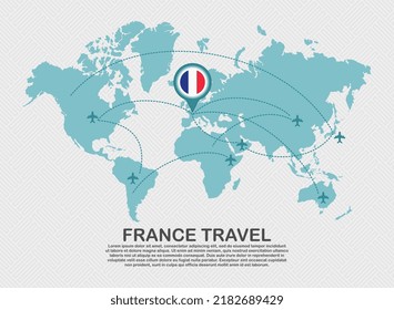 Travel to France poster with world map and flying plane route business background tourism destination concept