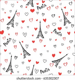 Travel France seamless pattern. Paris city vacation wallpaper. Eiffel tower landmark background with love hearts