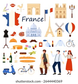 Travel to France set. Frenchman with baguette and wine bottle, mime and balloon, food menu of Paris, map and flag of country, French culture elements and famous landmarks cartoon vector illustration