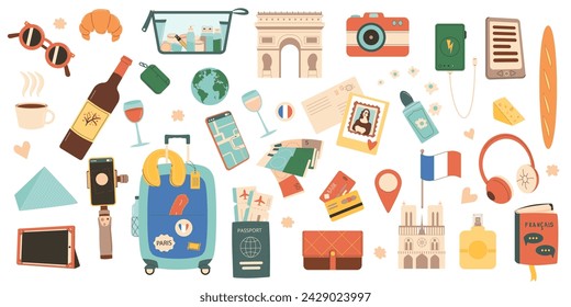 In: Travel France set. Tourismus in Paris Elemente isoliert. Reise nach Europa Land für Abenteuer und Erholung. Ferien-Wochenend-Ferien-Sammlung. Point of Interest und Zubehör Vektorflache Darstellung.