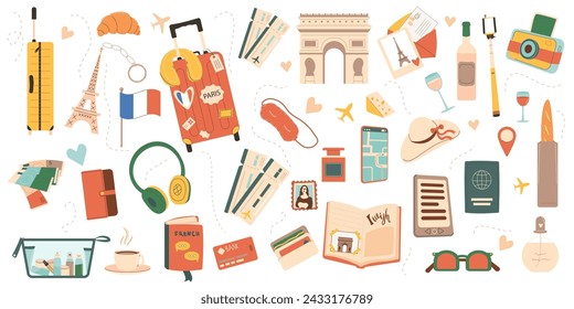 Travel France set. Visit to Paris elements isolated on white background. Trip to Europe country for adventure and rest. Holiday weekend vacation collection. Vector flat illustration.