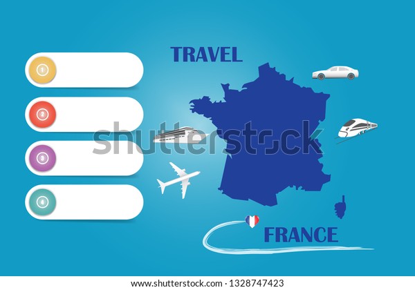 Travel France\
template vector for travel agencies etc. Vector showing the plane,\
car, train and ship approaching the blind map of France.  Four\
blank labels are ready for your\
text.