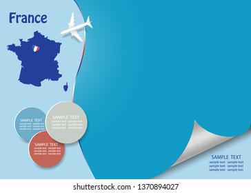 Travel France template vector showing the airplane approaching the blind French map. Vector contains page curl effect with a place for your text in an exposed corner.