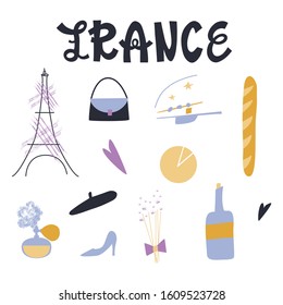 Travel to France, vacation. Set of fench specialities: French cuisine, fashion, Eiffel tower, baguette, lavender, cheese, blackcap, perfume, hearts.Flat vector illustration. Hand drawn lettering